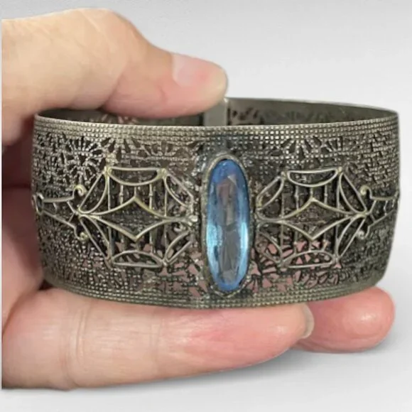 Antique Art Deco Wide Filigree Blue Glass Center Stone Buckle Bracelet - Picture 7 of 13